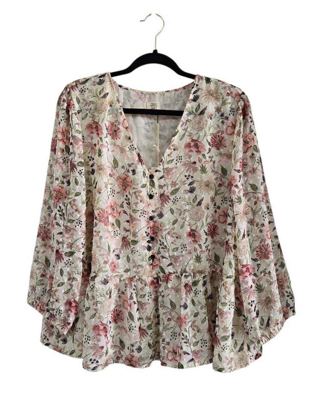 Good Hart By Matilda Jane Zilker Cream Floral V-Neck Peasant Blouse Lined XXL 2X